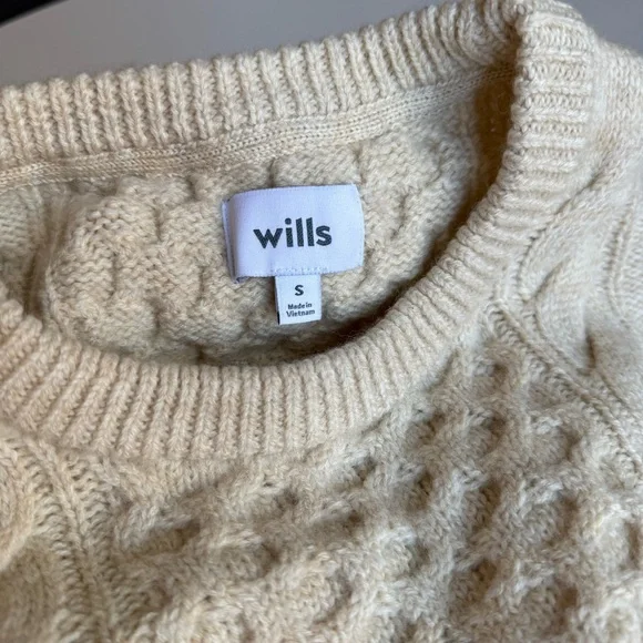 Wills 100% Wool Sweater Size S Cream Beige Cable Knit Men’s - Picture 3 of 15